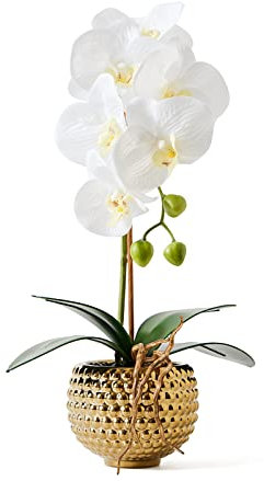 Hisow Orchidee fiori artificiali, 38.1 cm, orchidea sintetica in vaso da fiori color oro, vero tocco, fiori in vaso, grandi composizioni floreali, cucina, decorazione (bianco)