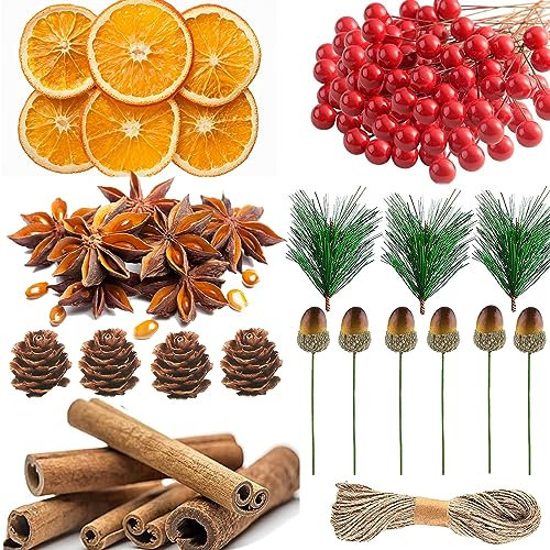 225 Pcs Christmas Wreath Making Supplies, Dried Orange Slices Cinnamon Sticks and star anise, Artificial Berries Artificial Green Pine Needles Branches for Christmas Wreath Craft Party Decor