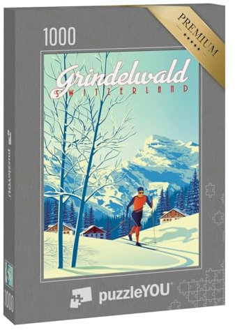 puzzleYOU: Puzzle 1000 Teile „Grindelwald Schweiz - Vintage Illustration“