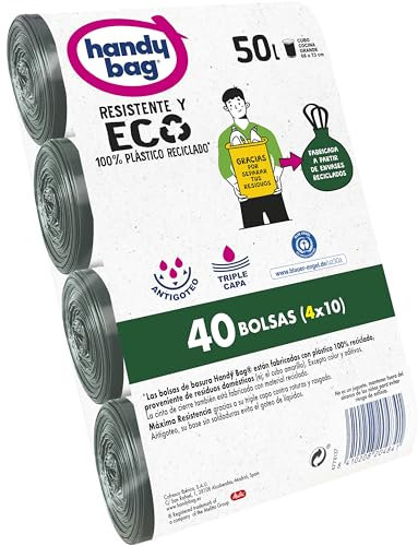 Handy Bag Sacs poubelle 50 l 95% recyclés, extra résistants, 40 sacs