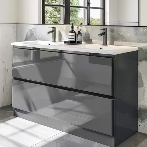 Go Bathrooms Vanity Unit 1200mm Anthracite Grey Bathroom Sink White Resin Basin Floor Standing Soft Close Drawers Newbold Bathroom Storage Vanity Unit