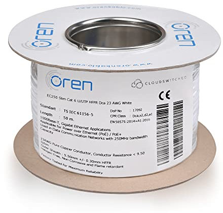 Oren CAT6 Cavo Ethernet 50m - Bianco - Slim - Filo di rame puro 23 AWG, larghezza di banda 250 MHz, cavo di rete Internet LAN UTP, senza alogeni, non corrosivo - Gigabit ad alta velocità