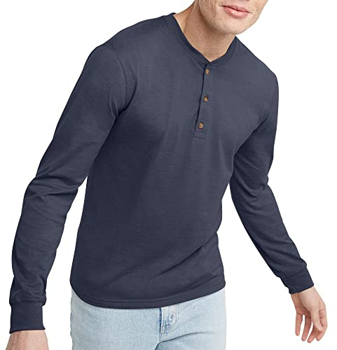Hanes Men's Originals T-Shirt, Long Sleeve Cotton Henley Tees, Athletic Navy Heather, XL