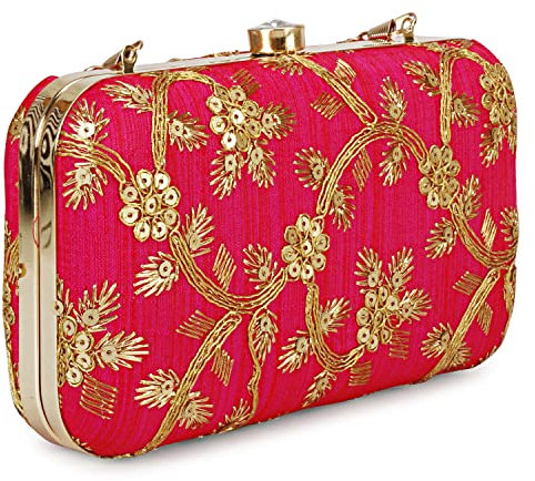 LONGING TO BUY Handgefertigte Designer-Clutch – Zari-Stickerei für Damen, Knallpink (Hot Pink), Hochzeits-Clutch