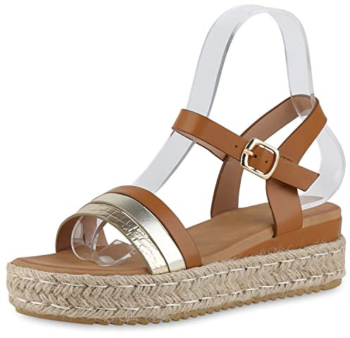 VAN HILL Damen Plateau Sandaletten Keilabsatz Bast Trendy Schuhe 840433 212732 Hellbraun Gold Metallic Kroko 40