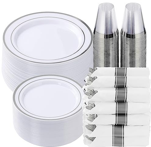 Goodluck 350 Piece Silver Plastic Dinnerware Set for 50 Guests, Fancy Disposable Plates for Party, Include: 50 Dinner Plates, 50 Dessert Plates, 50 Pre Rolled Napkins with Silver Silverware, 50 Cups