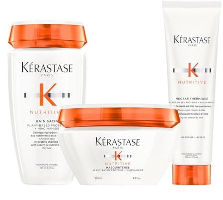 Kérastase, Nutritive, Routine Nourrissante pour Cheveux Fins à Moyens, Secs à Très Secs, Shampoing Bain Satin + Masque Masquintense + Lait Thermo-Protecteur Nectar Thermique