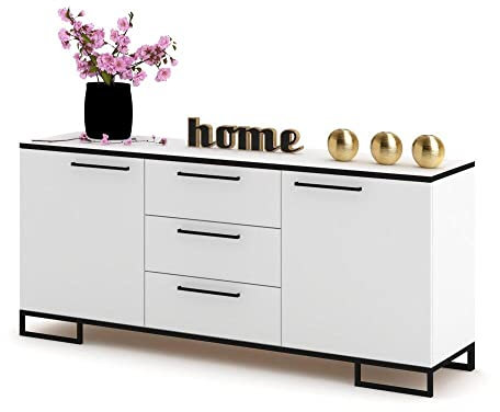 Euro Style Kommode mit Schubladen und 2 Türen Schrank Sideboard Tv Schrank für Wohnzimmer/Schlafzimmer Schubladenkommode 150x68,5x40 cm, Weiß Matt/Weiß Matt + Rand