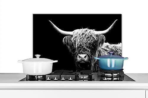 KitchenYeah© Spritzschutz Küchenrückwand Platte Küchen Zubehör Aluminium Platte Herd Spritzschutz WandverkleidungSchottisches Hochlandrind - Kuh - Schwarz und Weiß - Tiere - Fell - 70x50 cm