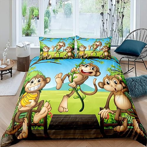 Nette AFFE Bettwäsche Kinder Jungs Tier Bettwäsche 135x200 für Jugendliche AFFE Motiv Bettwäsche Set Lustige Tiere Bettbezug Natur Tiere Theme Bettwäsche für Teenager Mädchen, Reißverschluss