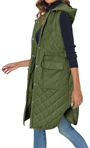Wenrine Damen Weste Lang Ärmellose Winter Steppweste mit Kapuze und Taschen Casual, Armeegrün, S