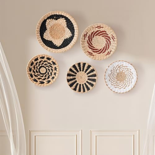 Wnvivi 5 Salvamanteles Tejidos Redondos, Cesta de Pared Colgante Boho, Cesta de Mimbre Tejida a Mano, Arte de Pared, Platos Decorativos, Decoración de Pared para Decoración de Sala de Estar(A3)
