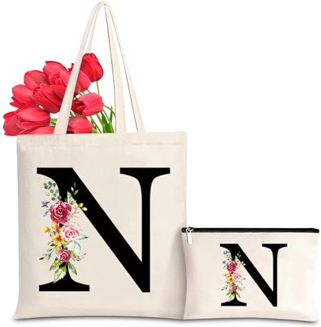 Baumwolltasche personalisiert mit Namen, Frauen Initialen Einkaufstasche Geschenk Tragetasche und Kosmetiktasche für Damen Freundin Mama Geburtstag, Hochzeit, Valentinstag, Muttertag Tasche(N)