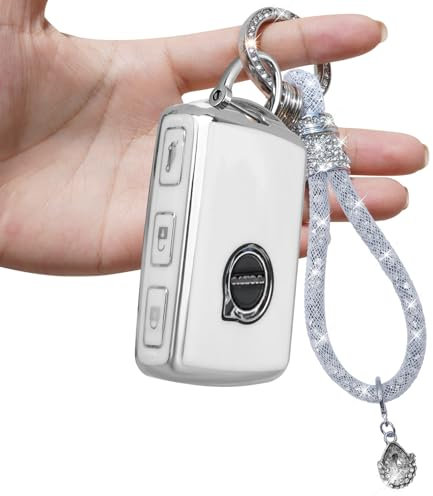Yumzeco Schlüsselhülle Hülle Cover Kompatibel mit Volvo XC40 XC60 XC70 XC90 C30 S60 S80 S90 V60 V70 V90 2014-2021,4 Tasten Silicone TPU mit glänzendem Diamant Schlüsselband, Keyless Schutzhülle-Weiß