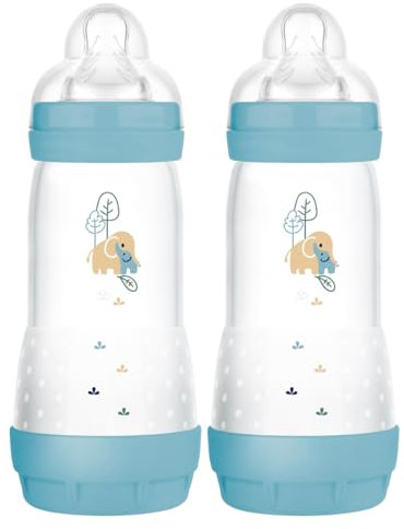 MAM Easy Start Anti-Colic Baby Bottles | 2 Pack (2 x 320ml) | Self-Sterlising | Fast Flow MAM Teats Size 3 | Baby Accessories | Blue (Various Designs)