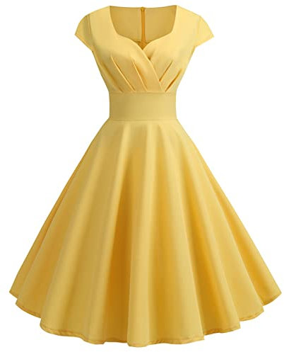 Women 1950s Audrey Hepburn Tea Dress Vintage Rockabilly Dress A Line Swing Cocktail Party Dress Plain Short Sleeve Retro Dresses Swing Flowy Pleated Dance Gown Yellow