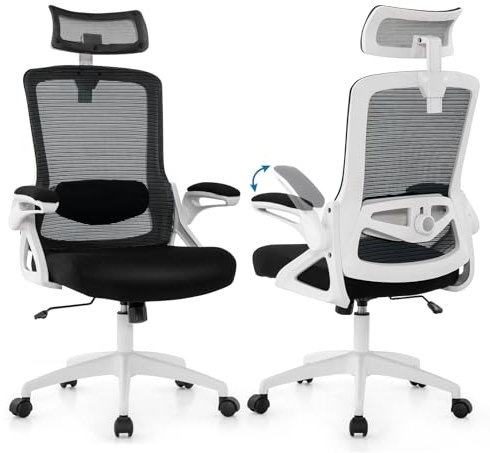 COSTWAY Ergonomischer Bürostuhl mit Verstellbarer Lendenstütze & Kopfstütze, Schreibtischstuhl mit hochklappbaren Armlehnen & hoher Rückenlehne, Computerstuhl mit Wippfunktion, Drehstuhl (Weiß)