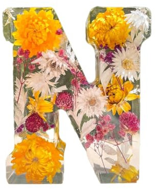 EHOTER Florales Harznachtlicht, Harzbuchstaben mit Blumen, florales Harz-Nachtlicht, Buchstabe aus Kunstharz, Buchstaben mit Blumen, Geschenk für Mutter, Frau, Freundinnen (N)