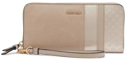 Calvin Klein Damen Zip Around Wallet with Wristlet Strap Key Item Saffiano Continental Geldbörse mit umlaufendem Reißverschluss und Handgelenkriemen, Silber Nerz