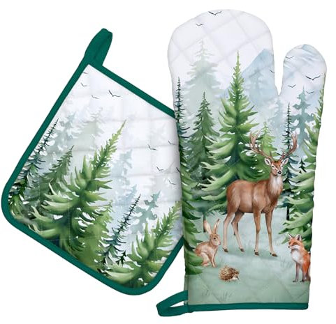 Arquiel Ofenhandschuh und Topflappen 2er Set, 100% Baumwolle Kochhandschuhe, Hitzebeständiger Küchenhandschuh Zum Kochen Backen Grillen Geschenk,Waldtiere