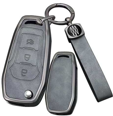 ontto Grau Autoschlüssel Hülle Schutzhülle Passt für Ford Puma Mondeo Ka Fiesta MK7 MK8 B-Max Titanium Galaxy Kuga S-Max Ranger Metall Leder Schlüsseletui Schlüsselanhänger Schlüsselgehäuse 3 Tasten C