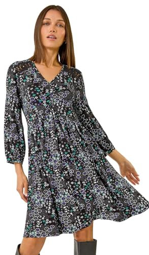 Roman Stretch Jersey Dress for Women UK Ladies Gathered Waist A Line Swing Skater Fit & Flare A Line Winter Autumn Knee Length V-Neck Casual Smart Cocktail Party - Blue Grey - Size 18