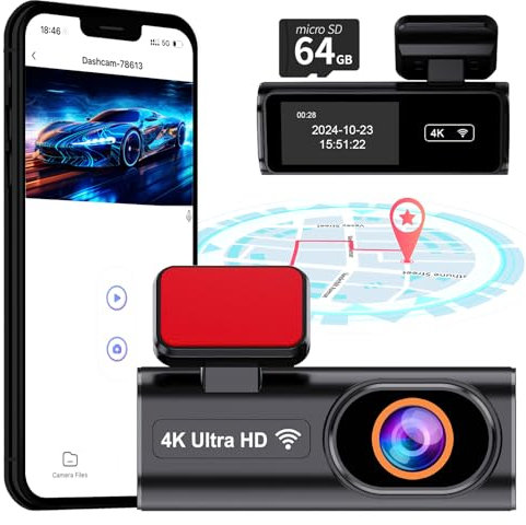 4K Dashcam Auto WiFi Autokamera mit 64GB Karte App Nachtsicht Loop-Aufnahme G-Sensor 24h Parkmodus Flip Spiegel 170°Weitwinkel (K6 Front Camera)
