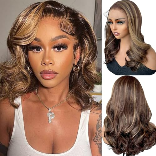 SOKU Lace Front Wig 13 x 6 Braun Highlights Ombre Synthetic Short Wig für Frauen, Shoulder Length 45 cm, 54 cm Cap Size