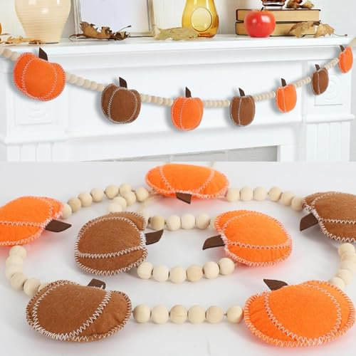 COMBLU Guirnalda de calabaza de fieltro, juego de calabaza, decoración de calabaza de Halloween, decoraciones de otoño para el hogar, guirnalda de calabaza de fieltro y cuentas de madera y coronas de