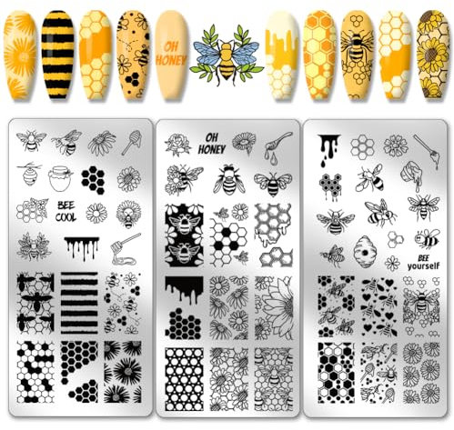PH PandaHall 3pcs Honeycomb Nail Stamping Plates, Spring Bee Honey Nail Stamper Sunflower Nail Art Stencils Print Nail Stencils Stainless Steel Nail Image Plate for Nail Art Design Manicure Salon