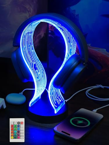 YuanDian RGB Headphone Stand with 1 USB Charging Port and 1 Type-C Charging Ports, Desk Gaming Headset Holder with 16 Changing Colors by Remote, Gift for Gamers Men and Music Lovers