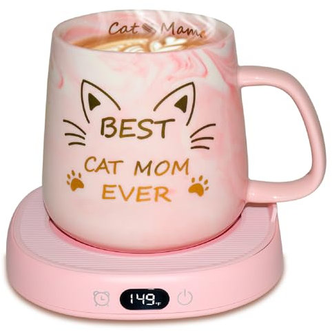 Chauffe-tasse avec tasse à café chat, 3 réglages de température réglables, chauffe-café avec fonctions d'arrêt automatique de 2 à 12 heures, chauffe-tasse à affichage numérique pour bureau,