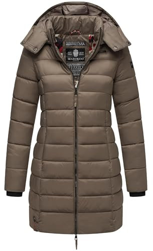 MARIKOO Damen Langer Wintermantel Warmer Steppmantel mit Abnehmbarer Kapuze Abendsternchen Stone Brown Gr. L