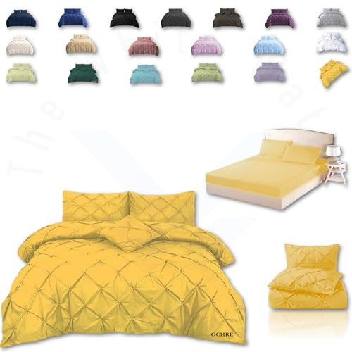 TheWhiteWater Duvet Set - 2/3 in 1 Bedding Set - Duvet Cover + Matching Pillowcases + Fitted Bed Sheets - NPolycotton Pintuck Cover (Ochre, 3 in 1 Bedding Set - Single)