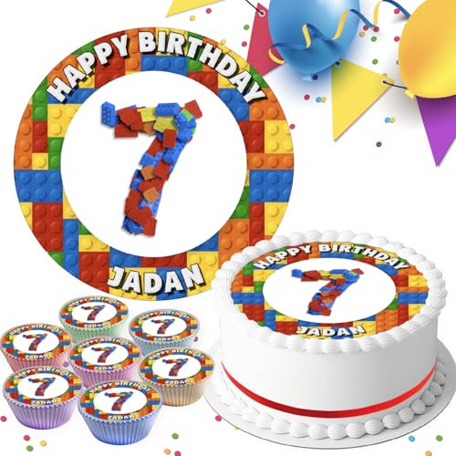 BUILDING BRICKS HAPPY BIRTHDAY PARTY PERSONALISED PRE-CUT 7.5 INCH EDIBLE ICING CAKE TOPPER DECORATION AT-0271 SV0271
