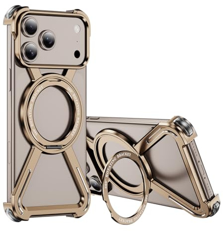 HUHUCASE Schutzhülle für iPhone 14/15/16Promax aus Metall, drehbare Halterung, magnetische Wärmeableitung, militärische Rüstung, Schutzhülle (Desert Gold, iPhone14ProMax)