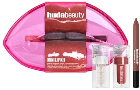 HUDA BEAUTY Original Mini Lipstick Set | 1 Mini FAUXFILLER Extra Shine Gloss Glassy + 1 Bombshell + 1 Mini Lip Contour 2.0 Warm Brown | by Bella