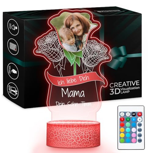 Maverton LED Tischlampe Nachtlicht - digitaler Bilderrahmen mit Fernbedienung - Geschenke für Mama - Mama Geschenk - Personalisierte Geschenke für Frauen - Deko Wohnzimmer | Personalisiertes Geschenk zum Muttertag, Geschenk für Mama, Geburtstag, Acrylplatte, 22 x 15 cm, mit Leuchtsockel, Rosa