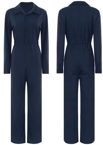 Jhaoyu Women Casual Solid Color Boiler Suit Turn-Down Collar Coverall Overall Boilersuit Workwear Jumpsuit Navy Blue M