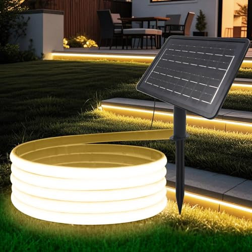 HEGEHE Solar LED Strip, Solarbetriebene COB Neon LED Streifen Außen, 320leds/m, 8 Modi, Schneidbar, IP65 Wasserdicht Diffusion Flex LED Schlauch Band für Garten, Balkon, Treppe (Warmweiß, 5M)