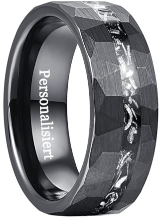 Vakki Personalisierter Schwarzer Ring für Herren 8mm Gehämmerter Wolfram Ring Ehering aus Meteoritenimitat mit Gravur, Größe 62(19.7)