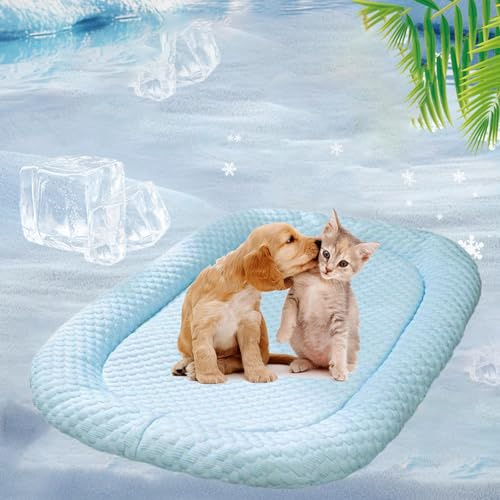 Snrtevu Kühlendes Katzenbett mit Eisseide, Kühlendes Sofabett Hund, Kühlendes Kundebett Sommerkühlung für drinnen und draußen, Der ultimative kühlkomfort für Deine Katze und Hund (Blue,M)