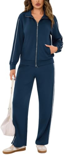 Terecey Jogginganzug Damen Trainingsanzug Mit Streifen Und Zipper Jacke | 50 % Viskose 45 % Polyester Und 5 % Elastan, Regular Fit Mit Streifen Design, Ideal Für Laufen Training Alltag Und Reisen.