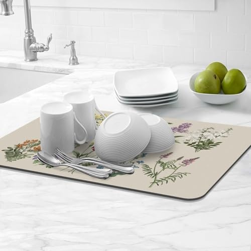 Tappetino Scola Stoviglie Assorbente,Tappetino Lavello Cucina Antiscivolo,tappetini cucina, Tappetino Scolapiatti Assorbente per Bancone, Tappetino Macchina Caffè Decorato con Fiori Vintage (30x50cm)