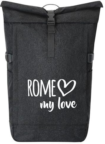 Huuraa Kurierrucksack Rome my love Geschenk | 30-44 Liter Backpack Black Melange Fairtrade Rolltop Rucksack Geschenkidee Schwarzer Laptop-Rucksack passend für 17-Zoll