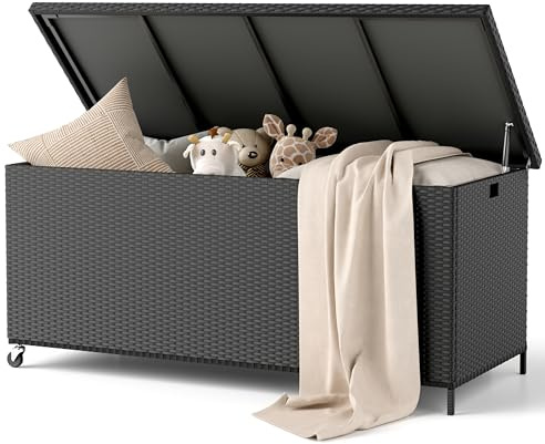 Amopatio 480 Liter Gartenbox Auflagenbox wasserdicht, Kissenbox outdoor aus Polyrattan, Aufbewahrungsbox Metall mit Rollen & Gasdruckfedern, Gartenkiste wetterfest für Garten, Balkon (Schwarz)
