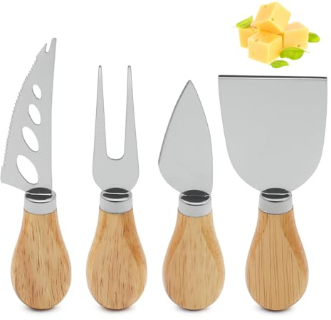 Vyranut Käsemesser Set 4-teilig aus Edelstahl mit Holzgriffen – Küchenbesteck für Käse, Dessert & Snacks, Mini Käsemesser Set für Hart- und Weichkäse
