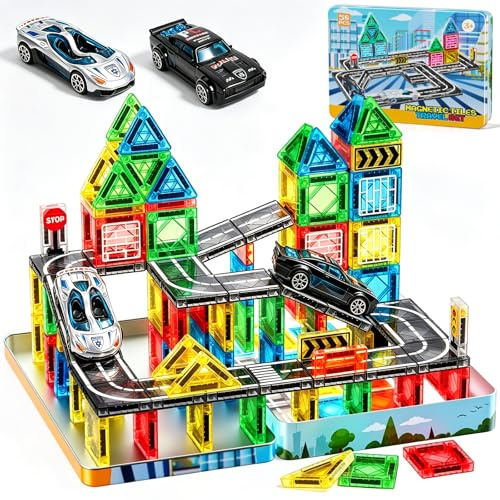 iKidiki 58 PCS Mini Travel Magnetic Tiles Set, 3 4 5 6 Year Old Boy Girl Gifts, Plane Activities for Kids, Boys Toys Age 3-6 Magnetic Blocks Building Toddler Travel Toys