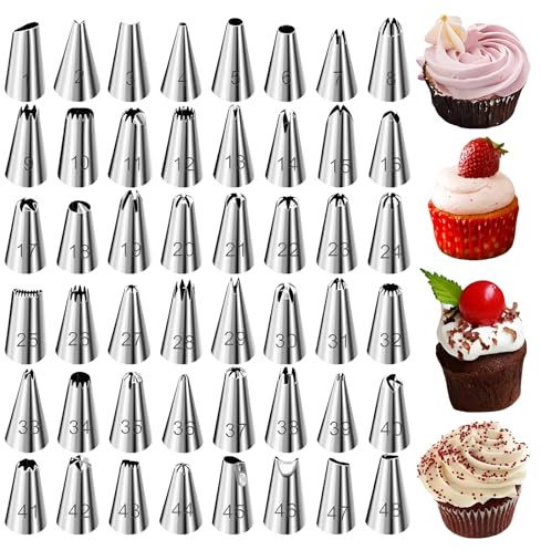 EAVUYIS 48 Pezzi Beccucci Sac a Poche Professionali in Acciaio Inox, Set Bocchette per Decorazione Torte e Pasticceria, Kit Punte per Zeppole di San Giuseppe, Cupcake e Biscotti, Argento