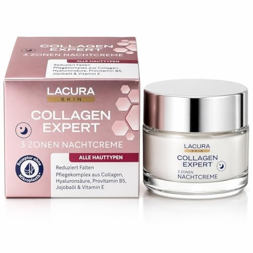 LACURA SKIN Collagen Expert 3 Zonen Nachtcreme 50ml | Anti-Aging Nachtpflege mit Collagen, Hyaluronsäure & Provitamin B5 | Reduziert Falten, für alle Hauttypen